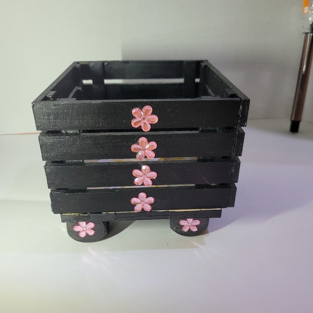 Black Wooden Crate with Pink Floral Accents